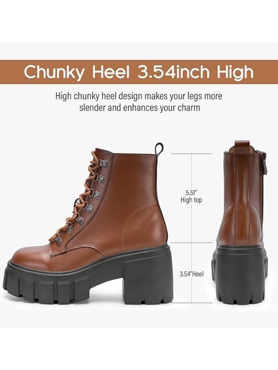 Women’s Brown Lightweight Lace Up Side Zipper High Heel Chunky Combat Boots - Picture 3 of 6
